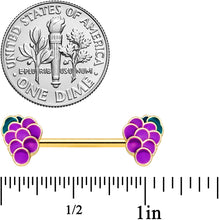 Load image into Gallery viewer, 14G 9/16 Gold Tone Sweet Purple Grapes Barbell Nipple Ring Set
