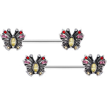 Load image into Gallery viewer, 14G 9/16 Red Pink Gem Art Deco Butterfly Barbell Nipple Ring Set
