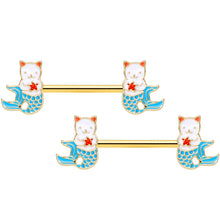 Load image into Gallery viewer, 14G 9/16 Gold Tone Blue Star Cat Mermaid Barbell Nipple Ring Set
