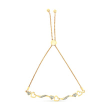 将图片加载到图库查看器，14K Yellow Gold Plated .925 Sterling Silver Diamond Accent Heart and Wave Link Bolo Bracelet (I-J Color, I2-I3 Clarity) - 6" to 9" Adjustable

