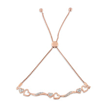 Load image into Gallery viewer, 14K Rose Gold Plated .925 Sterling Silver 1/10 Cttw Diamond Wave and Hearts 4â€-10â€ Adjustable Bolo Bracelet (I-J Color, I3 Clarity)
