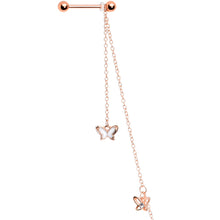 Load image into Gallery viewer, 14G 9/16 Clear Gem Rose Gold Tone Butterfly Dangle Nipple Chain
