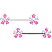 Load image into Gallery viewer, 14G 9/16 Pink Faux Opal Flower Barbell Nipple Ring Set
