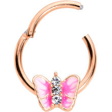 Load image into Gallery viewer, 16G 3/8 Clear Gem Rose Gold Tone Pink Butterfly Septum Ring
