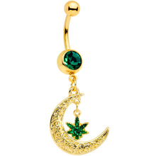 Load image into Gallery viewer, Green Gem Gold Tone Marijuana Pot Leaf Moon Dangle Belly Ring
