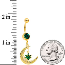 Load image into Gallery viewer, Green Gem Gold Tone Marijuana Pot Leaf Moon Dangle Belly Ring
