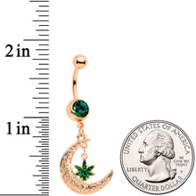 将图片加载到图库查看器，Green Gem Rose Gold Tone Marijuana Pot Leaf Moon Dangle Belly Ring
