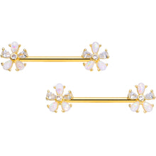 Load image into Gallery viewer, 14G 9/16 White Faux Opal Gold Tone Flower Barbell Nipple Ring Set
