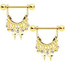 Load image into Gallery viewer, 14G 5/8 Clear Gem Gold Tone Moons Dangle Nipple Ring Set
