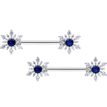 Load image into Gallery viewer, 14G 9/16 Blue CZ Gem Snowflake Christmas Barbell Nipple Ring Set
