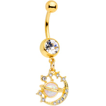 Load image into Gallery viewer, Clear Gem Gold Tone White Faux Opal Saturn Moon Dangle Belly Ring
