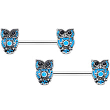 Load image into Gallery viewer, 14G 9/16 Black Gem Ornate Blue Orb Owl Barbell Nipple Ring Set

