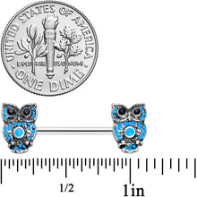 Load image into Gallery viewer, 14G 9/16 Black Gem Ornate Blue Orb Owl Barbell Nipple Ring Set
