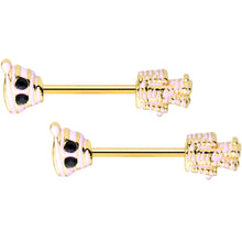 Load image into Gallery viewer, 14G 5/8 Black Gem Gold Tone Mummy Halloween Nipple Ring Set

