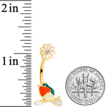 Load image into Gallery viewer, Clear Green Gem Gold Tone Perched Bird Flower Double Mount Belly Ring
