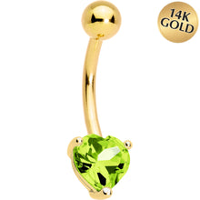 Load image into Gallery viewer, 16G Solid 14K Yellow Gold Genuine Peridot Heart Solitaire Belly Ring
