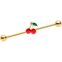 Load image into Gallery viewer, 14G Gold Tone Charming Cherries Industrial Barbell 38mm
