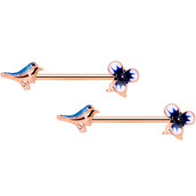 Load image into Gallery viewer, 14G 9/16 Rose Gold Tone Bluebird Flower Barbell Nipple Ring Set
