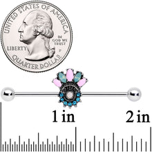 Load image into Gallery viewer, 14G Blue Pink Green Gem Baroque Flower Industrial Barbell 38mm
