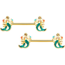 Load image into Gallery viewer, 14G 9/16 Gold Tone Green Mermaids Barbell Nipple Ring Set
