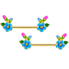 Load image into Gallery viewer, 14G 9/16 Yellow Gem Gold Tone Neon Flower Barbell Nipple Ring Set
