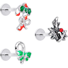 Load image into Gallery viewer, 16G 5/16 Red Gem Candy Christmas Labret Monroe Tragus Set of 3
