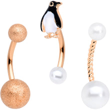Load image into Gallery viewer, Rose Gold Tone Winter Penguin Christmas Belly Ring Set of 3
