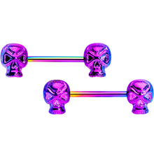 Load image into Gallery viewer, 14G 9/16 Rainbow Plated Scary Skull Barbell Nipple Ring Set

