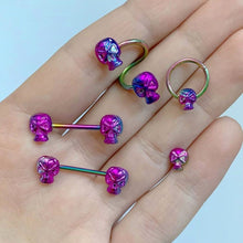 Load image into Gallery viewer, 14G 9/16 Rainbow Plated Scary Skull Barbell Nipple Ring Set
