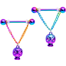 将图片加载到图库查看器，14G 3/4 Rainbow Plated Scary Skull Dangle Barbell Nipple Ring Set

