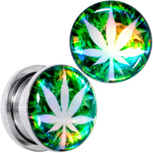 Load image into Gallery viewer, Green Hologram Marijuana Weed Leaf Screw Fit Plug Set 6G to 1 Inch
