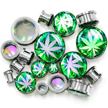 Load image into Gallery viewer, Green Hologram Marijuana Weed Leaf Screw Fit Plug Set 6G to 1 Inch
