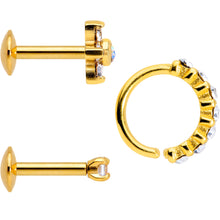将图片加载到图库查看器，16G Clear CZ Gem Gold Tone Cartilage Labret Closure Ring Set of 3

