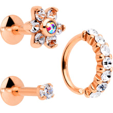 Load image into Gallery viewer, 16G Clear CZ Gem Rose Gold Tone Cartilage Labret Closure Ring Set of 3
