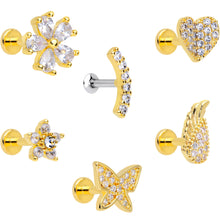 Load image into Gallery viewer, 16G 1/4 CZ Gold Tone Internal Thread Labret Tragus Set of 6
