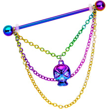 Load image into Gallery viewer, 14G Rainbow Scary Skull Chain Dangle Industrial Barbell 38mm
