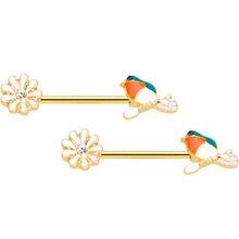 Load image into Gallery viewer, 14G 5/8 Clear Blue Gem Gold Tone Perch Bird Barbell Nipple Set
