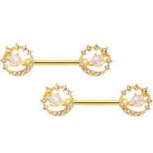Load image into Gallery viewer, 14G 9/16 Clear Gem Gold Tone Saturn Moon Barbell Nipple Ring Set
