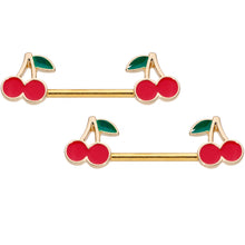 Load image into Gallery viewer, 14G 9/16 Gold Tone Charming Cherries Barbell Nipple Ring Set
