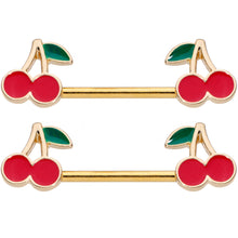 Load image into Gallery viewer, 14G 9/16 Gold Tone Charming Cherries Barbell Nipple Ring Set
