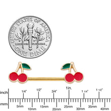 Load image into Gallery viewer, 14G 9/16 Gold Tone Charming Cherries Barbell Nipple Ring Set
