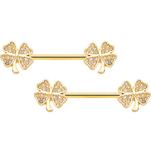 Load image into Gallery viewer, 14G 9/16 Clear Gem Gold Tone Shamrock Barbell Nipple Ring Set
