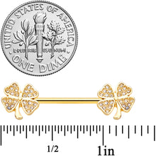 Load image into Gallery viewer, 14G 9/16 Clear Gem Gold Tone Shamrock Barbell Nipple Ring Set
