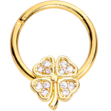 Load image into Gallery viewer, 16G 3/8 Clear Gem Gold Tone Shamrock Hinged Segment Ring
