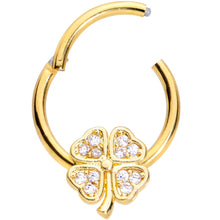 Load image into Gallery viewer, 16G 3/8 Clear Gem Gold Tone Shamrock Hinged Segment Ring
