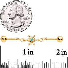 Load image into Gallery viewer, 14G Blue CZ Gem Gold Hue Snowflake Double Industrial Barbell 38mm
