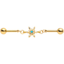 Load image into Gallery viewer, 14G Blue CZ Gem Gold Hue Snowflake Double Industrial Barbell 38mm
