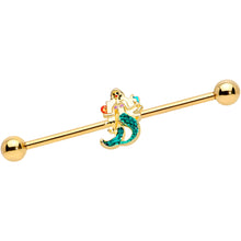 Load image into Gallery viewer, 14G Gold Tone Green Mermaid Industrial Barbell 38mm
