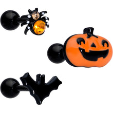 Load image into Gallery viewer, 16G 1/4 Orange Gem Halloween Bat Cartilage Tragus Set of 3
