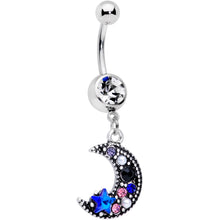 将图片加载到图库查看器，Clear Blue Black Gem Ornate Crescent Moon Dangle Belly Ring
